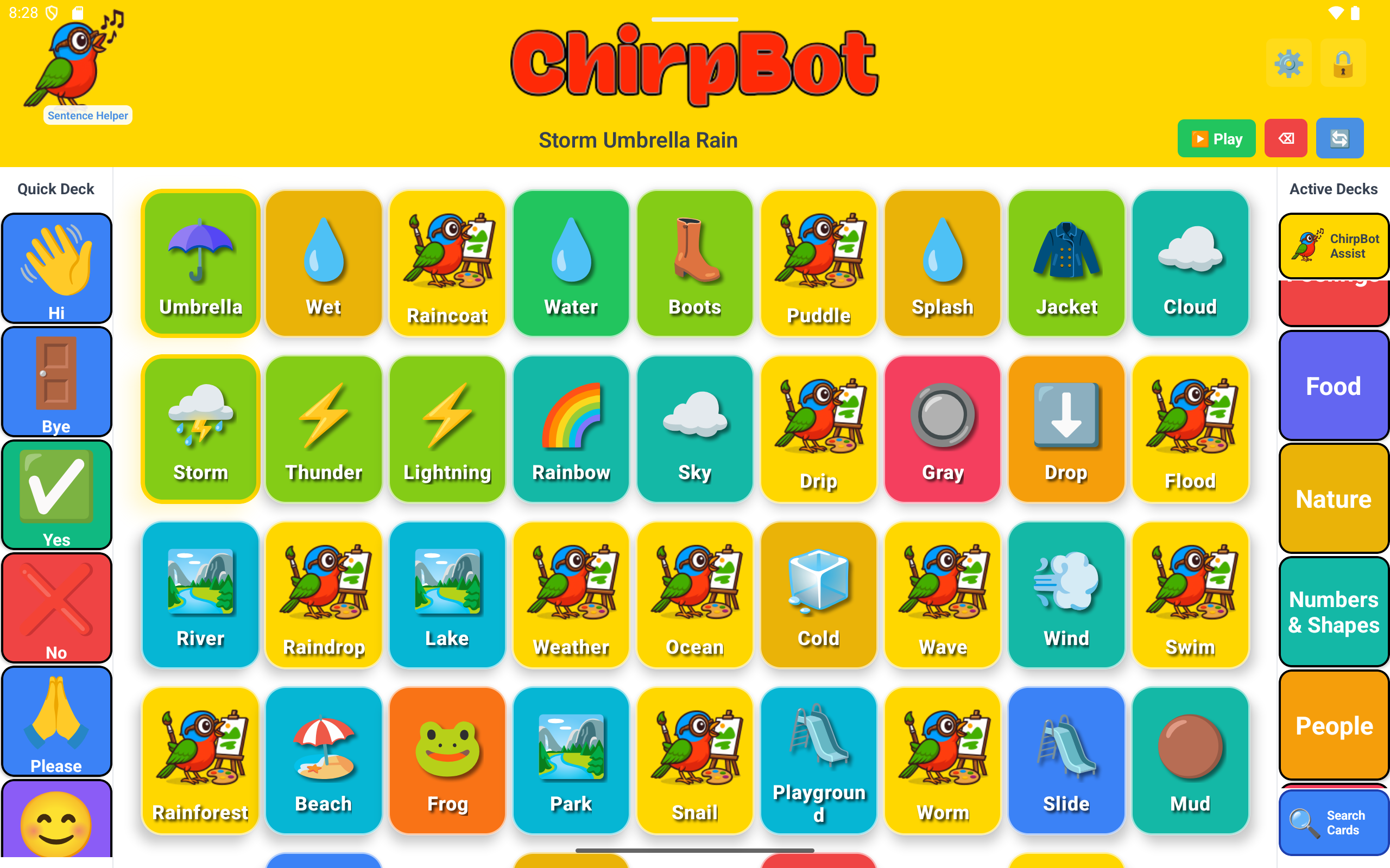 ChirpBot early version with scattered, multi-colored word suggestions